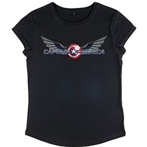 Marvel Falcon and The Winter Soldier-Shiny Shield dames T-shirt met rolmouwen, zwart, L, zwart.