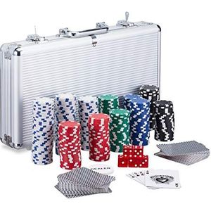 Relaxdays pokerkoffer - 300 laserchips - 2 kaartspellen - 5 dobbelstenen - button - afsluitbaar