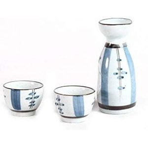 lachineuse - Japanse sake set blauw - met 2 kommen en karaf - sake of alcoholglazen - Aziatisch servies cadeau - traditionele sake service porselein Japan - cadeau-idee - blauw en wit