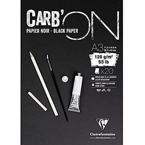 Clairefontaine 975040C Block Carb'on, 20 vellen, tekenpapier, zwart, A3, 29,7 x 42 cm, 120 g, ideaal voor tekenen en schetsen met potlood of markers, wit