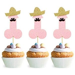 24 stuks pailletten cupcake-decoraties met mini-hoed, snor, cupcake, bruidsfeest, vrijgezellenfeest, verjaardagsfeest