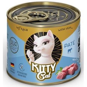 Kitty Cat Paté kalfsvlees, 6 x 200 g, natvoer voor katten, graanvrij, met taurine, zalmolie en groenlipmossel, complete voeding met hoog vleesgehalte, Made in Germany