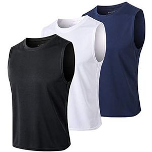 MEETYOO Heren tanktop, mouwloos T-shirt, hardloopshirt, voor sport, joggen, krachttraining, zwart + blauw + wit
