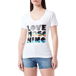 Love Moschino Dames T-shirt van katoenen jersey met ronde hals en Only Good Vibes Lm Panel, Optisch wit.