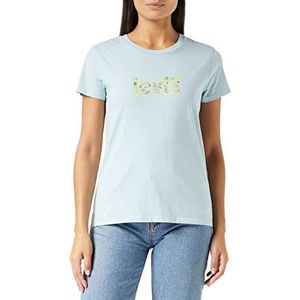 Levi's The Perfect Tee Floral Poster Logo Fill voor dames, The Perfect Tee bloemenposter met logo Sterling, XXS, The Perfect Theeposter met bloemenpatroon, blauw
