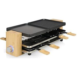 Princess 162918 Raclette Pure 8 voor 8 personen, ijzeren platen en grill omkeerbaar, oppervlak 2 x 21 x 23 cm, thermostaat verstelbaar, behuizing van natuurlijk bamboe, 8 pannen, 1300 W