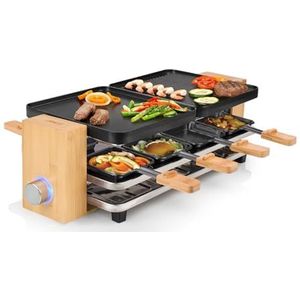 Princess 162918 Raclette Pure 8 voor 8 personen, omkeerbare ijzeren platen en grill, oppervlak 2 x 21 x 23 cm, instelbare thermostaat, behuizing van natuurlijk bamboe, 8 pannen, 1300 W