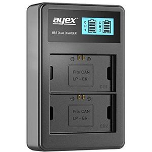 ayex Dubbele USB-oplader voor Canon Li-Ion batterijen type LP-E6 - opladen via USB-stekker, laptop, powerbank of pc - LCD-display met laadindicator