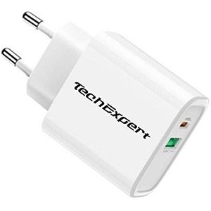 TechExpert Quick Charge 3.0 USB-oplader, 18 W, 3 A, QC 3.0, compatibel met Galaxy S10 S9 Note 10 A70 A50, Redmi Note 9S Note 8 Pro, smartphones en tablets USB QC3.0 + USB PD