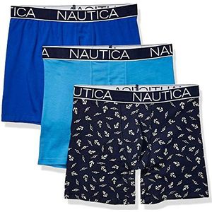 Nautica 3-pack Classic Underwear Cotton Stretch Boxershorts voor heren, Aero Blue/Sea Kobalt/Anchor Print Peacoat.