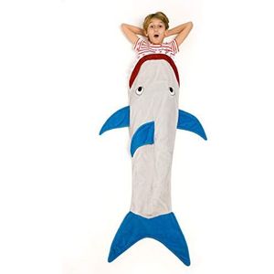 Kanguru Shark Kids haaiendeken voor kinderen, superzacht, comfortabel, wollig, warm, draagbare deken van microvezel, kleur blauw, grijs en rood, Eén maat 142 cm
