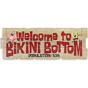 Open Road Brands Nickelodeon Spongebob Squarepants Welkom bij Bikini Bottom Houten Wanddecoratie - Groot Bikinibroekje Panel voor Home Decor
