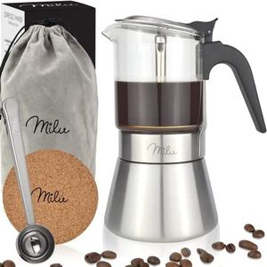 Milu Espressomachine geschikt voor inductie | 4, 6 kopjes | Mokka koffiezetapparaat van roestvrij staal - Espressomachine met schotel, lepel, borstel (6 kopjes van 300 ml)