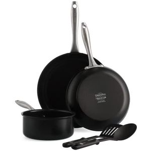 GreenPan Lima Midnight Set met antiaanbaklaag van geanodiseerd gezond keramiek, 5-delig, bestaande uit pan, steelpan en nylon gebruiksvoorwerpen, PFAS-vrij, geschikt voor inductie, oven, vaatwasser,