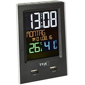 TFA Dostmann Charge-IT 60.2537.01 Digitale wekkerradio met USB-oplaadfunctie, binnenklimaat met korte slaaptimer, zwart, L 95 x B 61 x H 133 mm