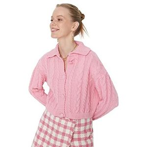 Trendyol Regular gebreide jas met omgekeerde kraag trui dames, roze, L, Roze
