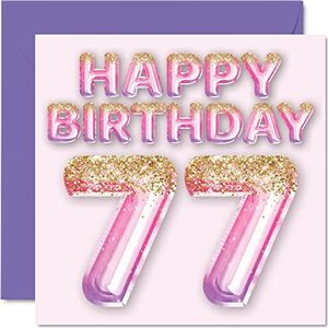 Verjaardagskaart voor dames, 77 jaar, glitter, roze, paars, verjaardagskaart voor vrouwen, 77 jaar, mama, oma, 145 mm x 145 mm, wenskaarten, 77 jaar, cadeau