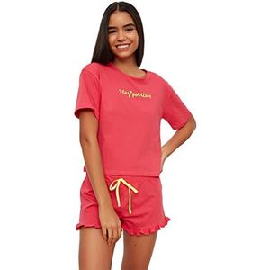 Trendyol Fuchsia geborduurde gebreide pyjama voor dames, complete set, Fuchsia
