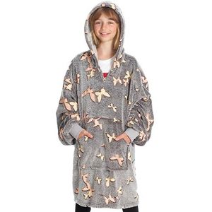 KANGURU Glow Glow fosforescerende fleecedeken, hoodie, Kangurone Kids pullover plaid hoodie met mouwen, draagbaar, met vlinders, grijs, kindermaat 4-12 jaar