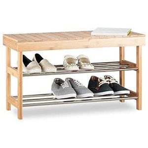 Relaxdays, Bamboe schoenenkast voor 6 paar schoenen, zitbank met opbergruimte (h x b x d): 43 x 74 x 30 cm, natuurlijk schoenenrek met zitting, 30 x 74 x 43 cm, 5 kg