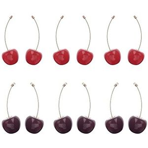 6 paar oorbellen, fruit, oorbellen, kersenboom, oorbellen, kersenrood, voor dames en meisjes (rood, fuchsia)