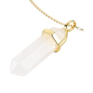LAVISA Obelisk Gouden edelsteen halsketting met echte kristallen hanger - Rozenkwarts halsketting - Amethist - 55 + 5 cm, Roestvrij staal