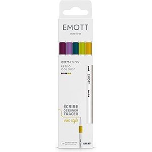 Emott - Uni Ball - Uni Mitsubishi Pencil - zakje met 5 retro kleuren - schrijven, tekenen, tracker met stijl! - fijne punt 0,4 mm - blauwgroen, orchidee, wijnlie, strogeel, appelgroen