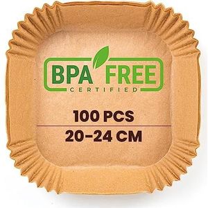 PORTENTUM 100 vellen ongebleekt wegwerp bakpapier voor heteluchtfriteuse, 5,2-10 liter, bakpapier, voedselveilig, BPA-vrij, FDA- en LFGB-gecertificeerd