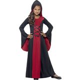 Smiffys vamp kostuum, rood zwart met jurk met capuchon, kanten detail
