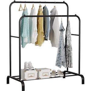 Edihome, Kledingrek, dubbel, 110 x 150 x 54 cm, voor slaapkamer, robuust, van metaal, met standaard voor schoenenrek, overhemden, broeken, dunne jassen (zwart).