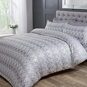 Sleepdown Super King luxe beddengoedset met geometrische strepen, dekbedovertrek en kussenslopen, lichtgrijs/wit, 220 x 260 cm