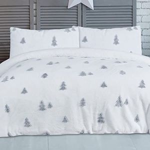 Sleepdown Omkeerbare fleece beddengoedset, dekbedovertrek met kussenslopen, warm, gezellig, super zacht en onderhoudsvriendelijk - kingsize (230 x 220 cm) boom wit
