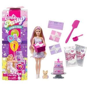 Barbie Party Unboxed JFG70 verjaardagspop en accessoires voor huisdieren met 10 verrassingen met kleurveranderend effect en taartdecoratie