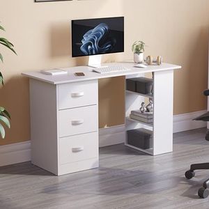 Vida Designs Mason Computerbureau met planken en 3 laden, gamingtafel voor pc/laptop, werkplek, wit