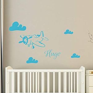 Ambiance Sticker s Gepersonaliseerde naam | Sticker Vliegtuig in de Wolken - Muurdecoratie Kinderkamer | 2 planken van 35 x 25 cm en 40 x 25 cm - Hemelsblauw