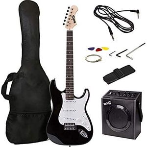 RockJam RJ20WAR2 elektrische gitaar superkit met gitaarversterker, gitaarsnaren, gitaartuner, gitaarriem, koffer en kabel, zwart