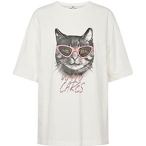 Mavi Dames T-shirt met kattenprint, wit, L, Wit