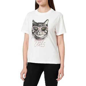 Mavi Dames T-shirt met kattenprint, wit, L, Wit