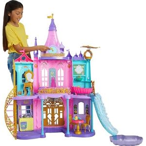 Mattel Disney prinsessen magisch kasteel avonturen, 3 niveaus met 10 speelzones, 25 poppenaccessoires inbegrepen, met lichten en geluiden, een glijbaan en zwembad, vanaf 3 jaar en meer, HLW29