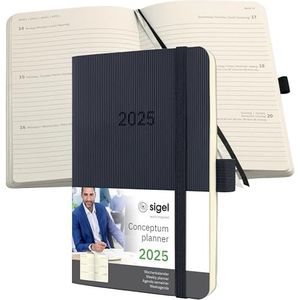 SIGEL Conceptum C2523 Agenda semainier 2025, format A6, noir, couverture souple, 176 pages, élastique, passant pour stylo, pochette d'archive, certifié PEFC, Conceptum