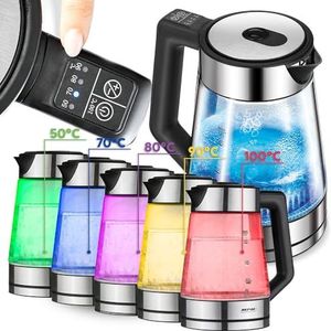 MPM MCZ-116 Waterkoker met ledverlichting, 2200 W, temperatuurinstelling 50-100 °C, glazen en roestvrijstalen behuizing, warmhoudfunctie