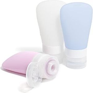 Larelle 3 stuks BPA-vrije siliconen reisflessen, 3 x 60 ml, siliconen, BPA-vrij, oplaadbaar, lekvrij, voor op reis, lichtblauw, roze en wit