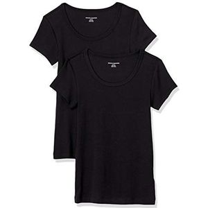 Amazon Essentials Set van 2 T-shirts voor dames met korte mouwen en ronde hals, slim fit, zwart, maat L