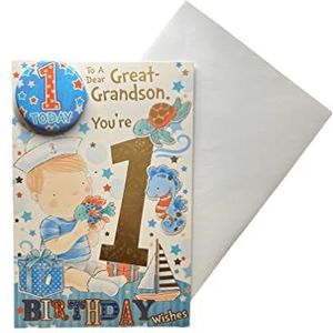 Verjaardagskaart met badge en stickers voor ballonnen, opschrift ""Great Grandson"", 22,9 x 15,2 cm