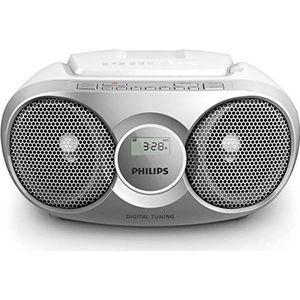 Philips Audio Az215S Draagbare CD-speler (eenvoudig te bedienen voor kinderen – FM-radio – audio-ingang) zilverkleurig en wit