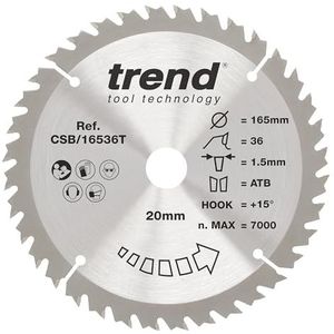 Trend Draadloos cirkelzaagblad Wood, diameter 165 mm, boring 20 mm, 36 tanden, zaaglijn 1,5 mm, haak +15°, TCT, gemiddelde afwerking, CSB/16536T