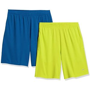 Amazon Essentials Performance Tech Heren Shorts met losse pasvorm, grote maten, 2 stuks, blauw (neon limoengroen, M