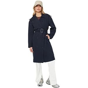 Trendyol Dames oversized dubbele rijen effen geweven trenchcoat damesjas, marineblauw, 42, marineblauw