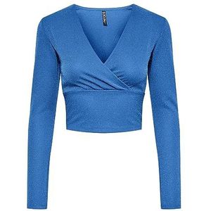 PIECES Pclina Ls Cropped V-hals T-shirt met lange mouwen voor dames, Blauw (Frans blauw)