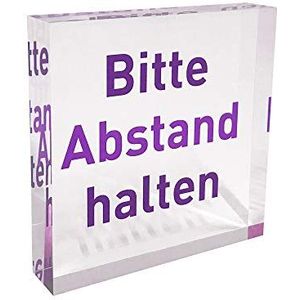 Transparant acrylblok als infohalter met opschrift ""Bitte Abstand halten "" in de kleur paars (paars), infodisplay van origineel plexiglas